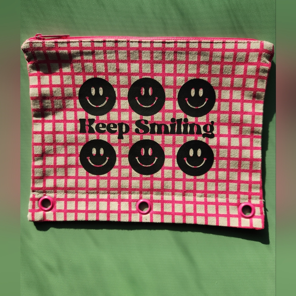 Retro Inspired Smiley Pink Striped Multi Purpose Cotton Canvas Pouch New - Picture 3 of 6